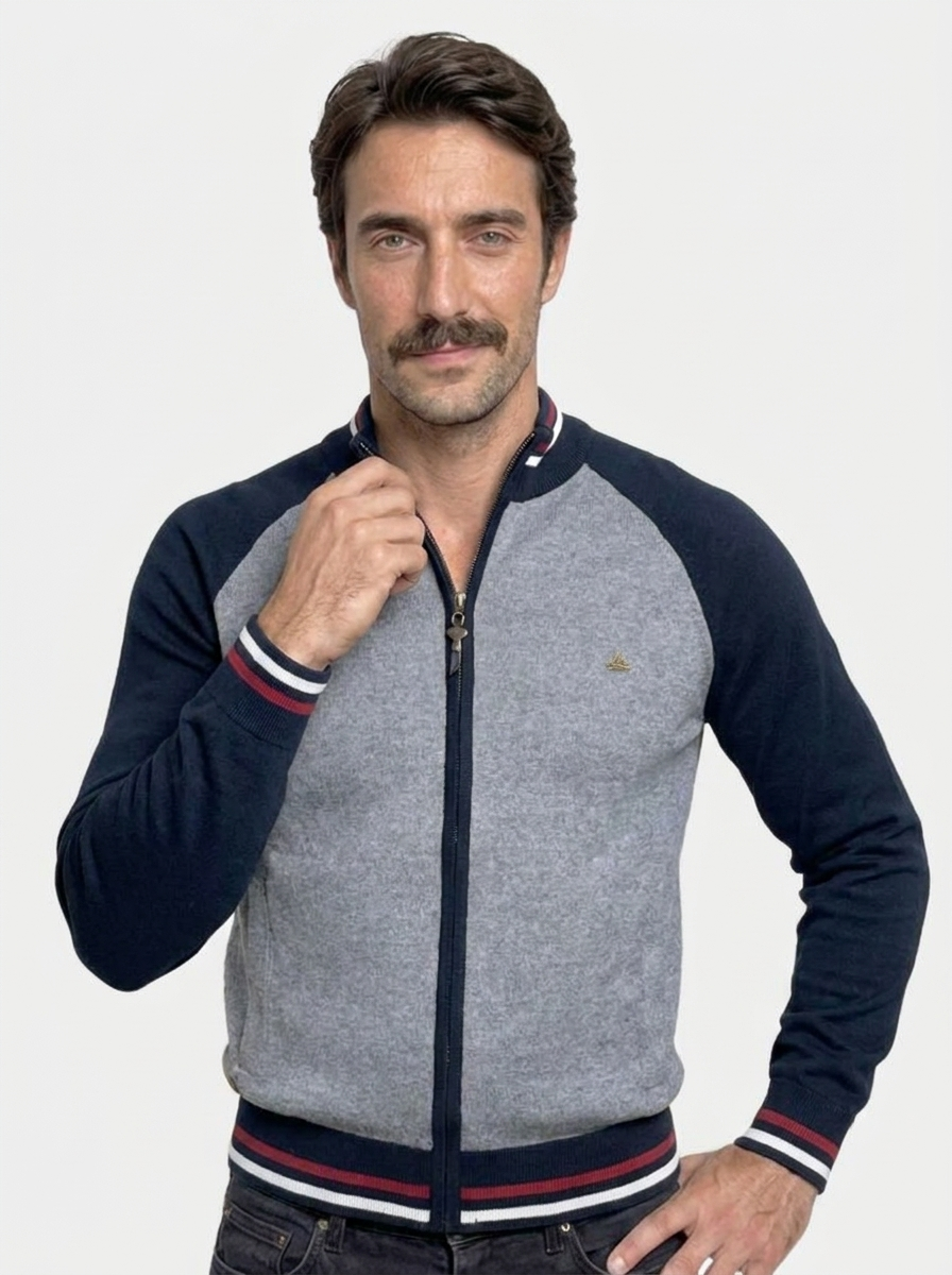 Zipper Color Block Standing Collar Cardigan Sweater - Brooksfor