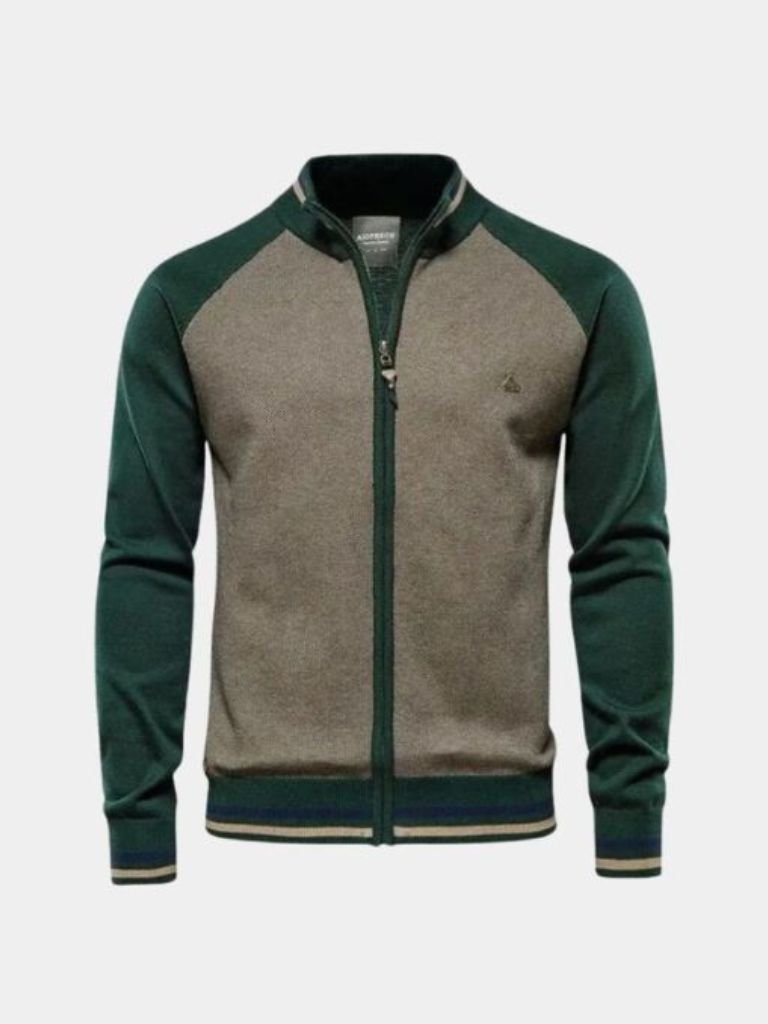 Zipper Color Block Standing Collar Cardigan Sweater - Brooksfor